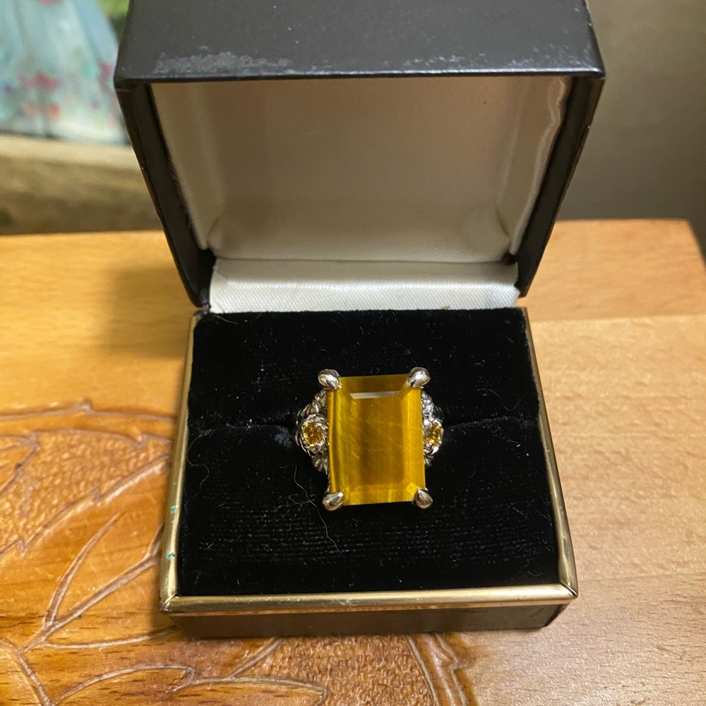 Judith Ripka Sterling Tigers Eye and Citrine Ring sz8